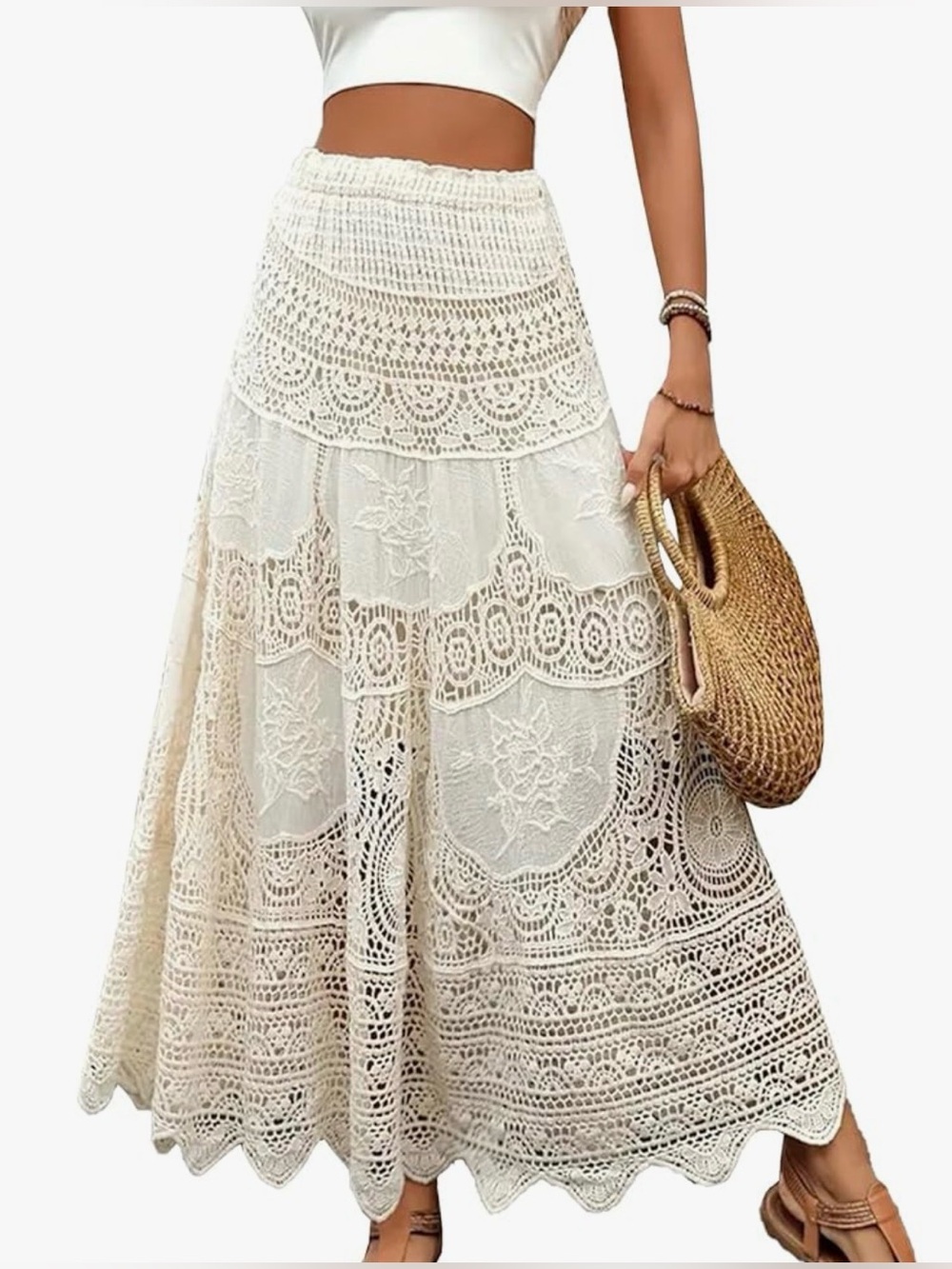 Ivory crochet floral pattern elastic waist flowy maxi skirt - small
